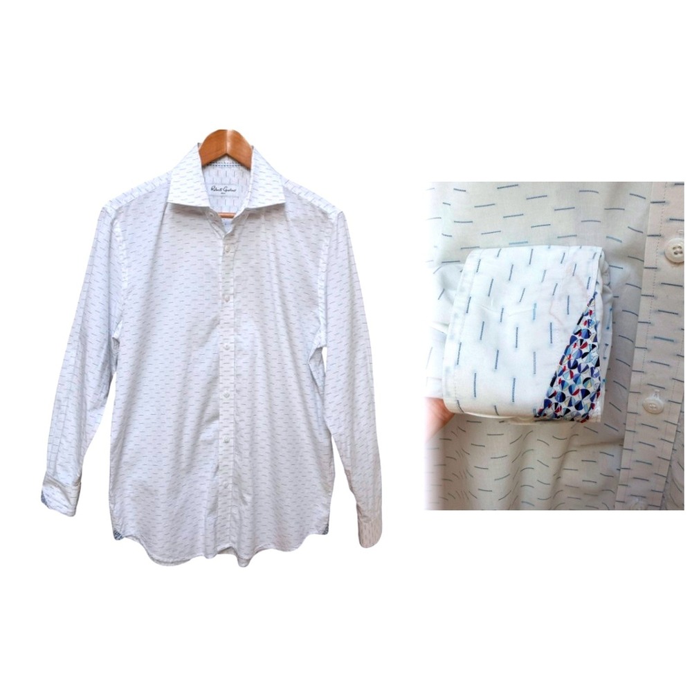 Robert Graham Shirt Mens 16 White Blue Dash Button Down Contrast Cuff Luxury